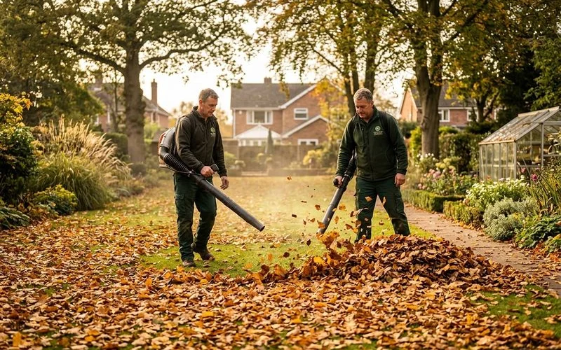 Autumn leaf clearance with blower and rake in a mature Bilton garden, orange fallen leaves against amber afternoon light