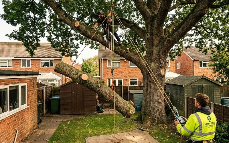 Branchard climber rigging a heavy limb during sectional dismantle of a mature Rugby oak