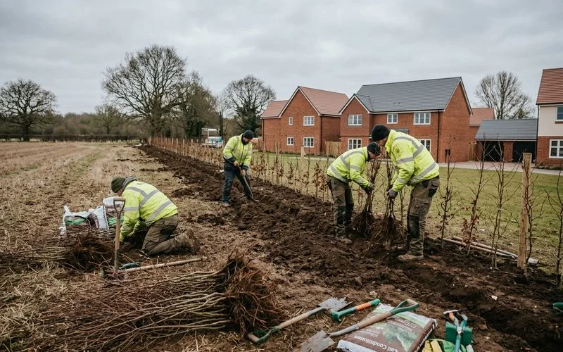 Bare-root hornbeam hedge being planted along a Cawston new-build boundary in winter dormancy