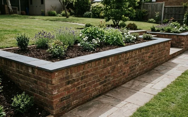 Brick retaining wall with coping-stone detail facing a raised border in a Bilton established garden