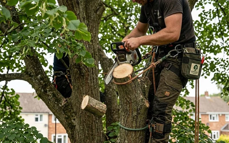 Climber making a target pruning cut at the branch collar on a Bilton lime, BS3998 detail