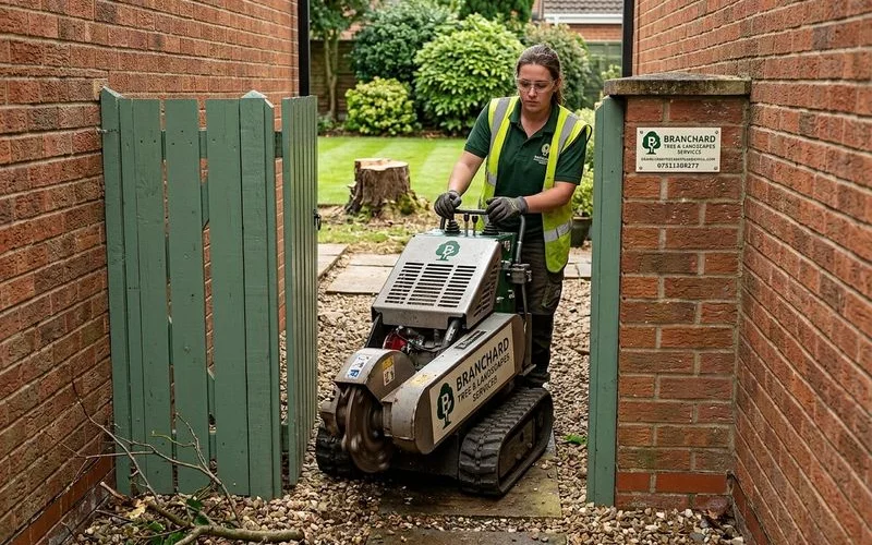 Compact narrow-access stump grinder being wheeled through a 750mm side gate into a Rugby rear garden