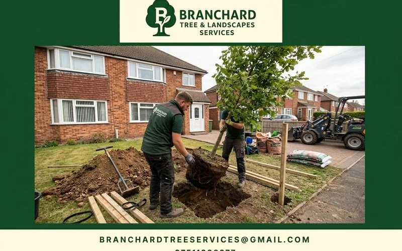 Container-grown specimen tree being positioned in an excavated pit with staking and ties, ready for backfill