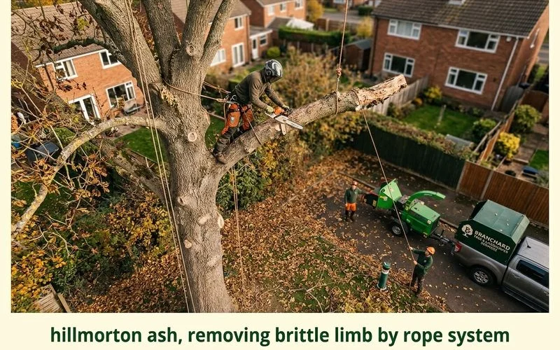 Deadwooding a mature Hillmorton ash, climber removing a brittle limb on a rope system