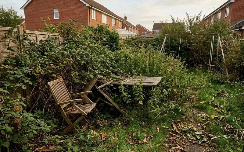 Heavily overgrown Rugby garden with brambles, nettles and broken furniture before clearance, wide context shot