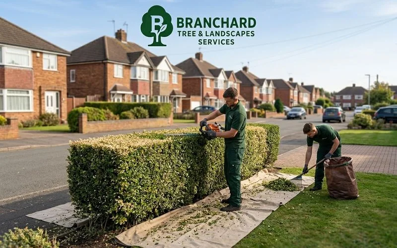 Hedge being cut to a precise horizontal top with petrol trimmer and ground sheets catching clippings