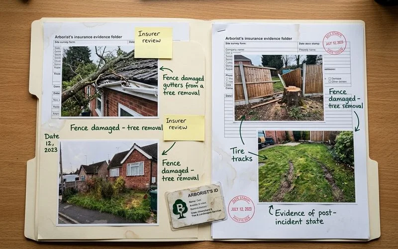 Insurance report with photographs, notes and timeline laid out, ready to submit for claim evidence