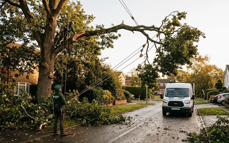 Made-safe team rigging down a broken hanging limb from a Rugby oak after overnight gale