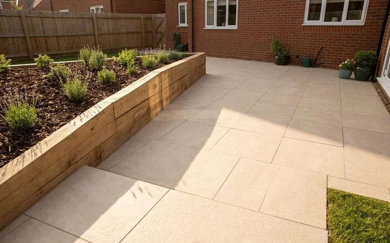Porcelain paved patio with pencil-round edge and sleeper retainer in a Cawston rear garden