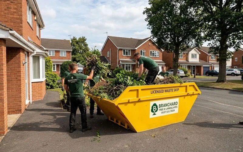 Skip truck being loaded with green waste, old fencing and broken slabs on a Hillmorton drive, licensed waste removal