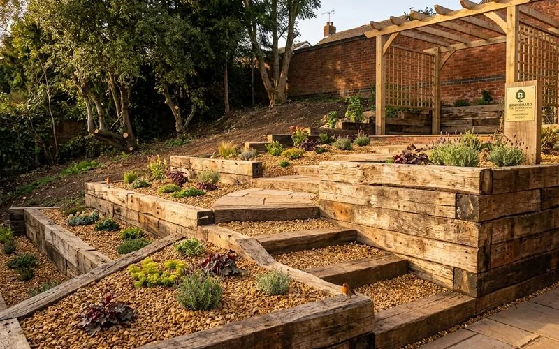 Sleeper retaining wall with softened gravel border and stepped paths in a sloping Hillmorton garden