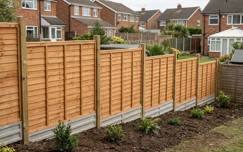 Stepped lap-panel fencing with gravel boards on a sloped Hillmorton side return, matching neighbour ground lines