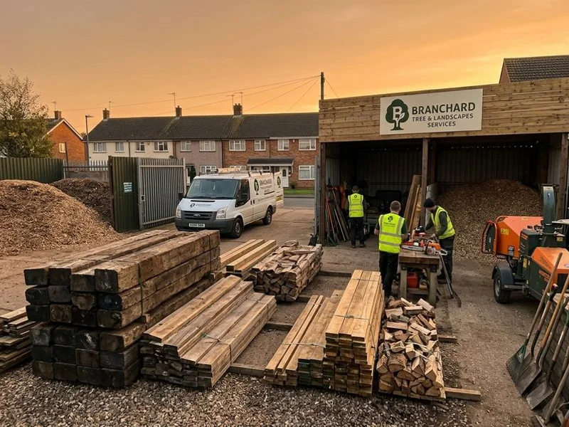 Branchard workshop at Baffin Close with sleeper timber stacks