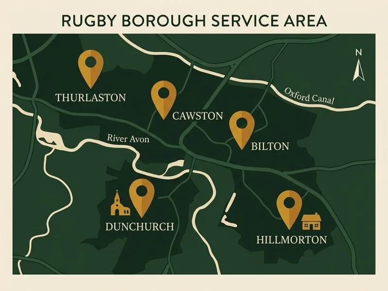 Map of Branchard service areas across Rugby and surrounding villages