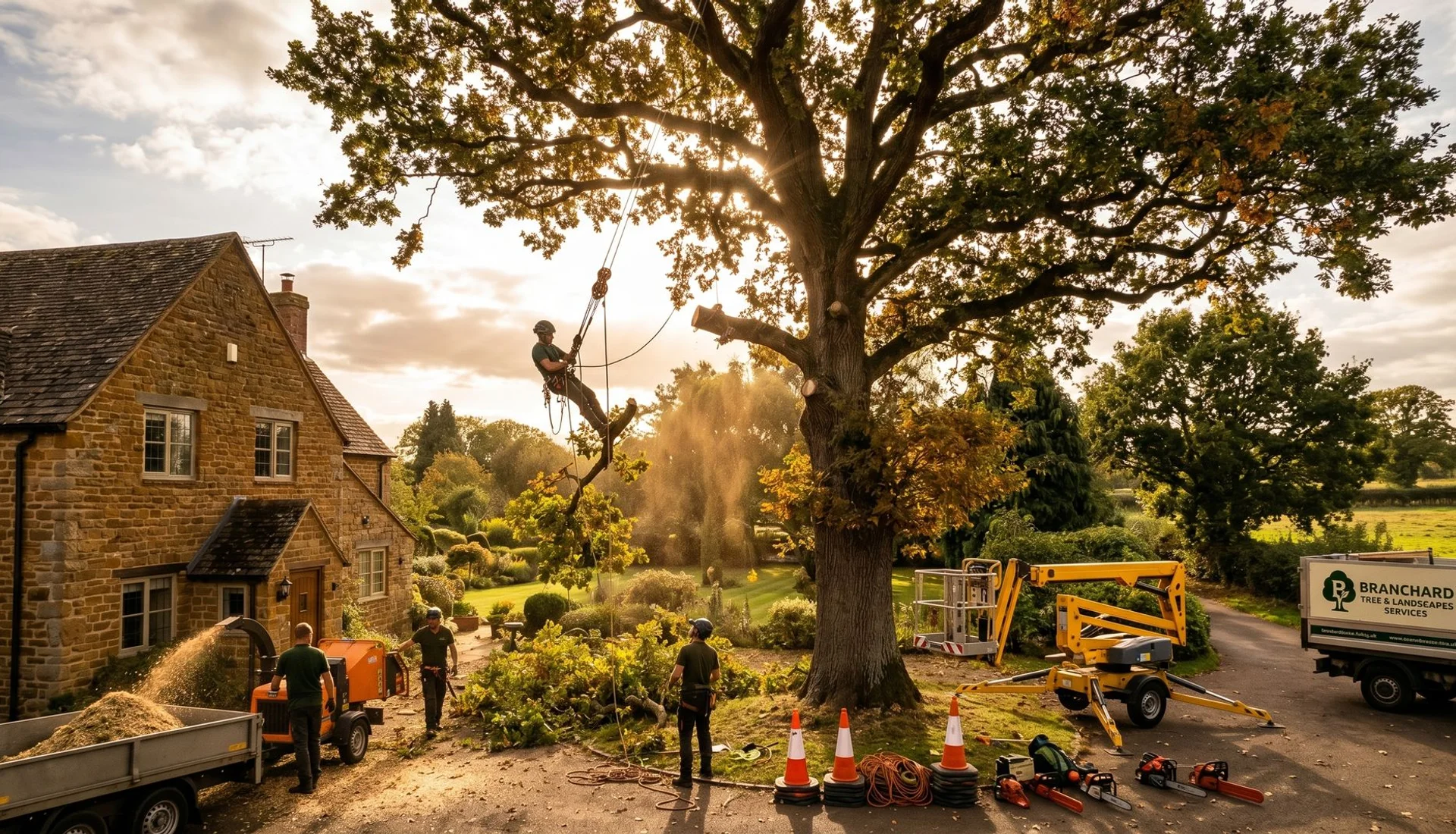 Branchard arborist working on a mature oak in Rugby