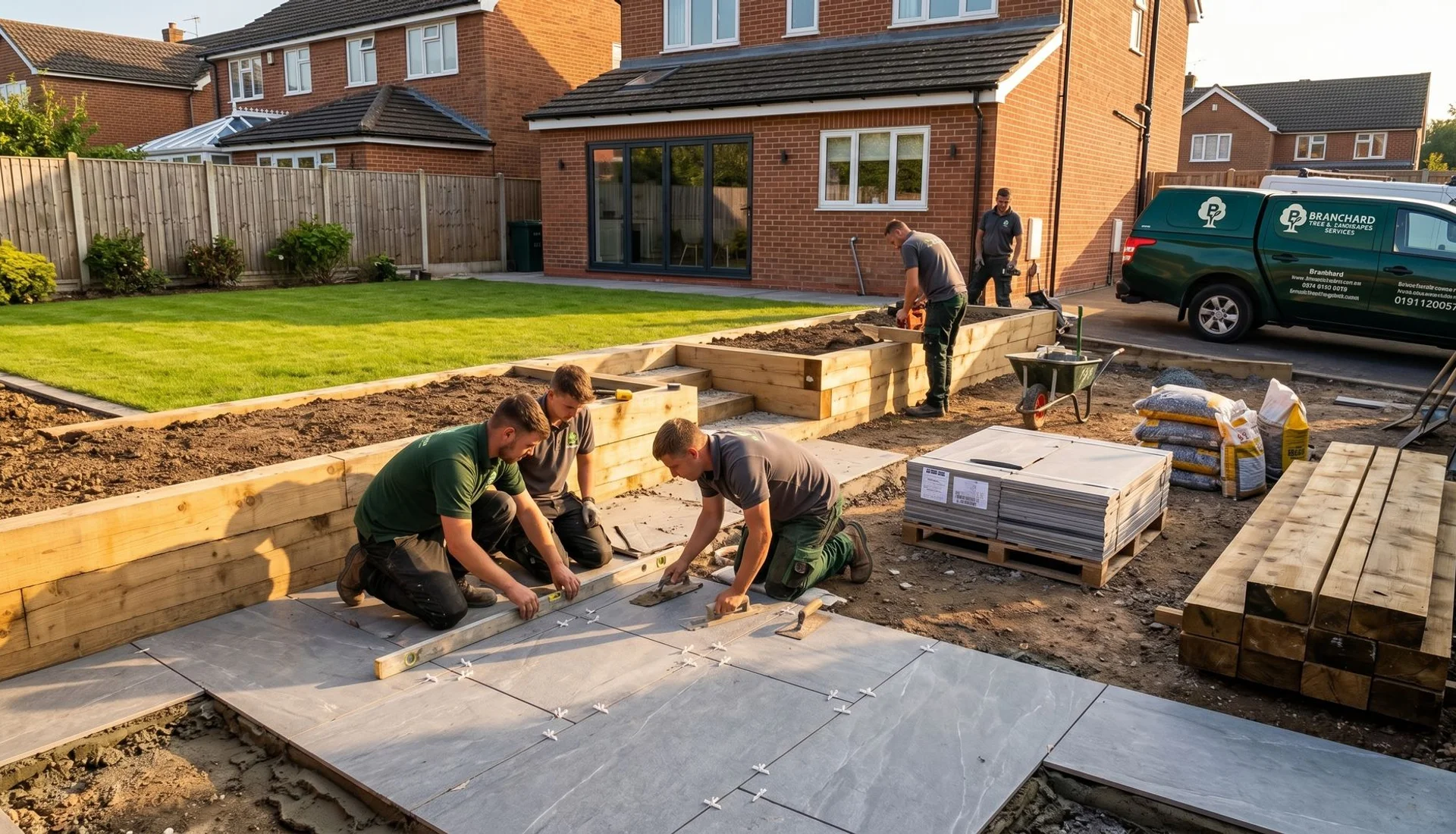 Branchard landscapers laying porcelain paving in Cawston