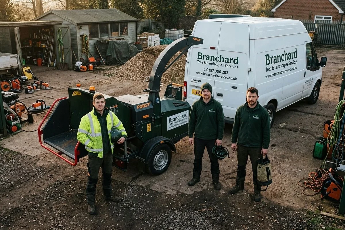 Branchard team with chipper and climbing kit at the Rugby yard